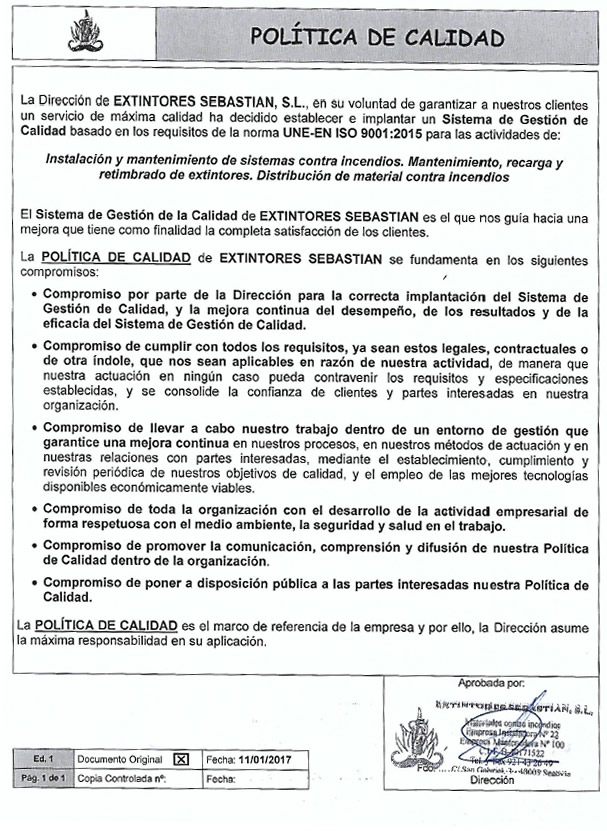 Certificado de Política de calidad