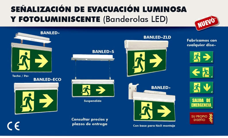 Distintas señales de evacuación luminosa y fotoluminiscente